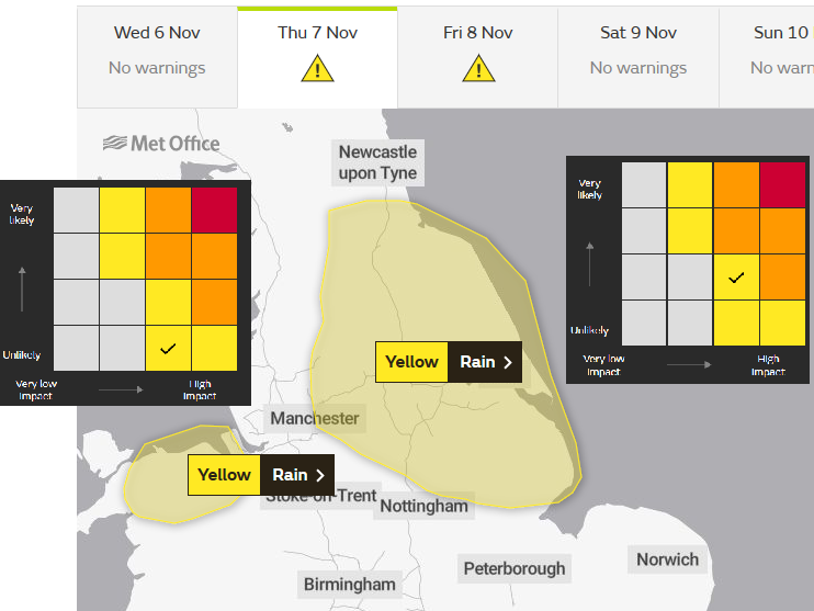 UK Yellow rain warning England and N.Wales
