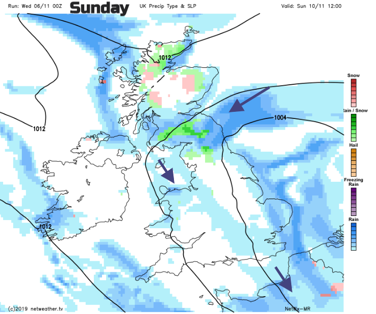 Sleet and hill snow showers Sunday UK weather