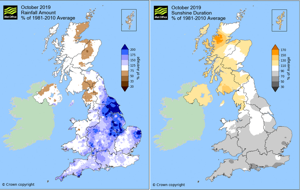 Rainfall and sunshine October 2019 UK