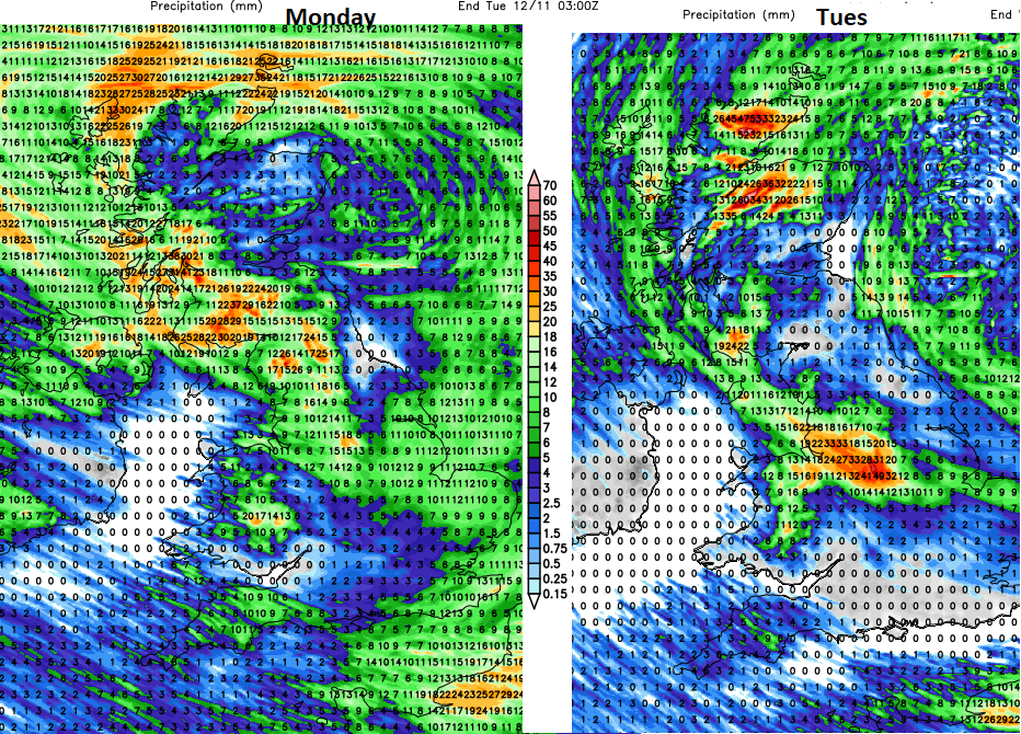 Rainfall totals UK Monday Tuesday