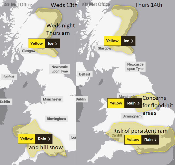 UK Met Office weather warnings ICE and Rain