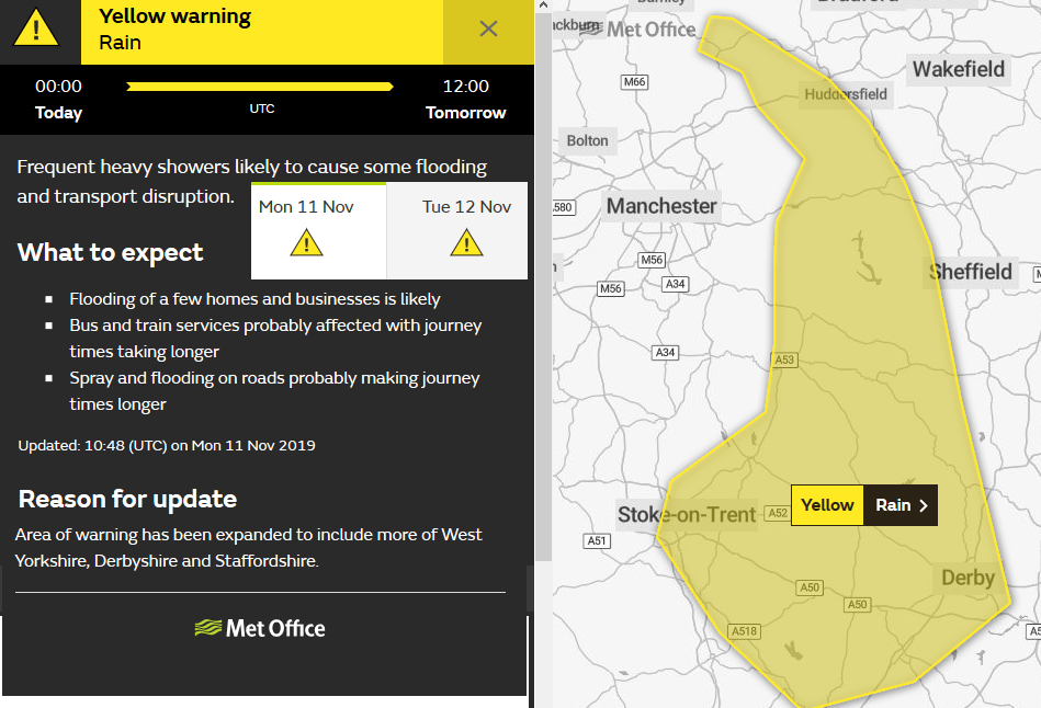 UK MEt Office yellow warning Rain Mon Tues
