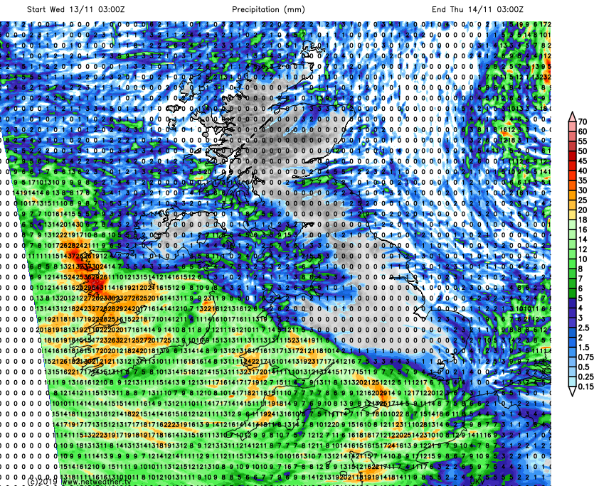 Rainfall totals of 25mm or more possible today