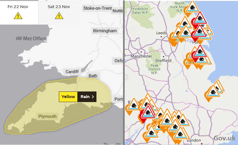 MEt office warning rain SW and flood warnings