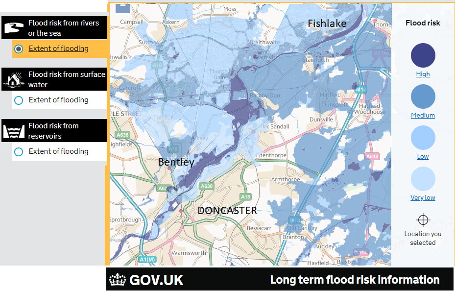 Flood risk maps Doncaster River Don Fishlake 