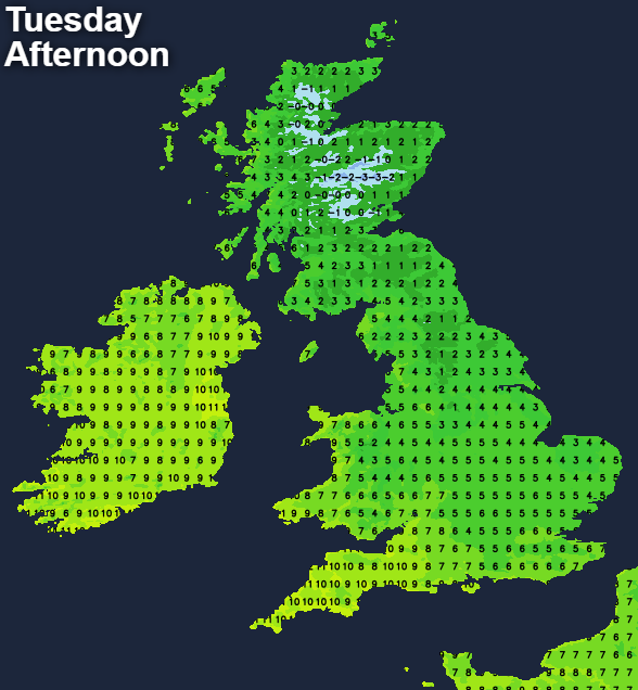 Temperatures on Tuesday afternoon