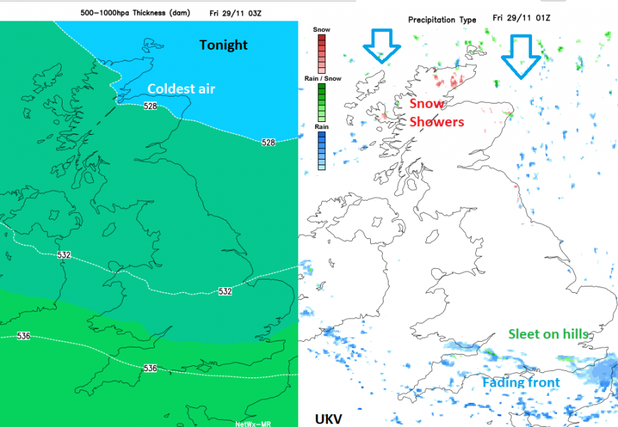 Cold air UK and snow 500-1000hPa thickness chart