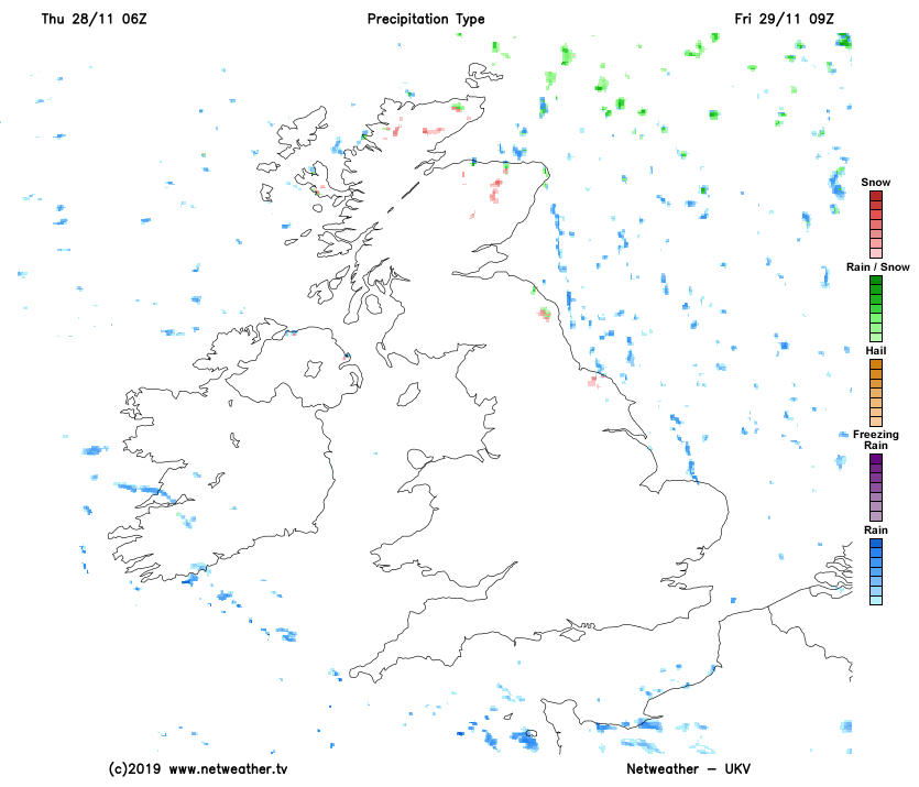 A few wintry showers in the north of Scotland and down the east coast of Britain