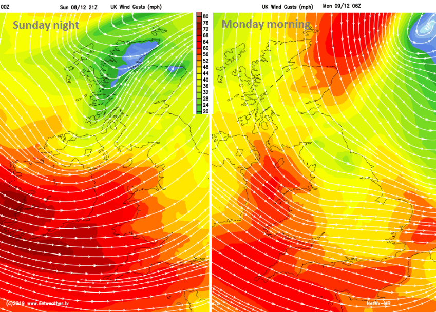 Strogn winds and gales on Sunday night UK Ireland