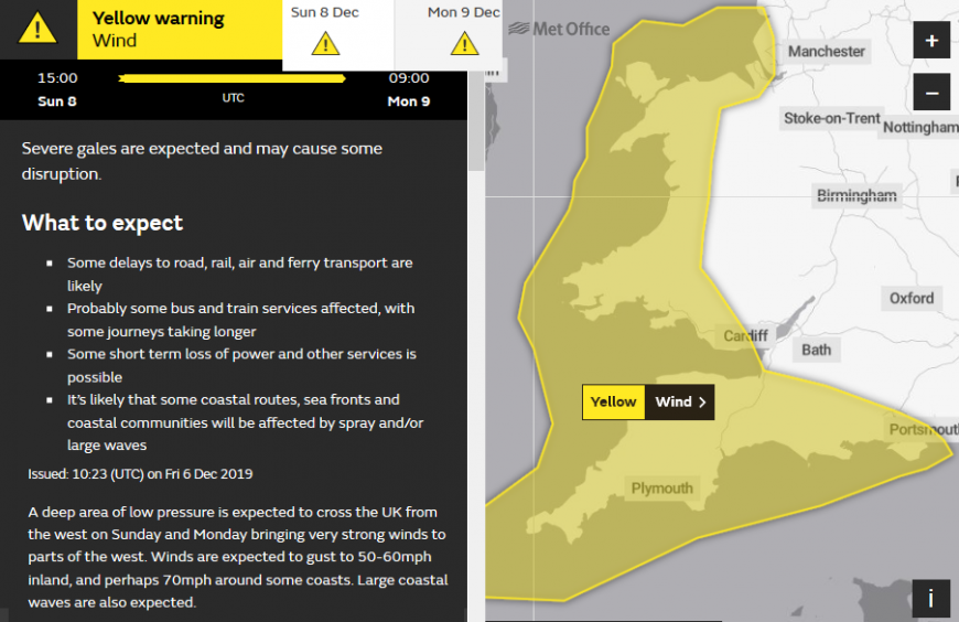Yellow warning for winds Storm Atiyah