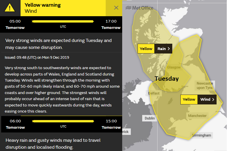 UK warning Wind and Rain Tuesday 