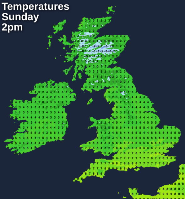 Temperatures on Sunday afternoon