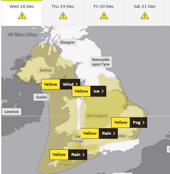 Met Office warnings UK Fog Ice Rain Wind