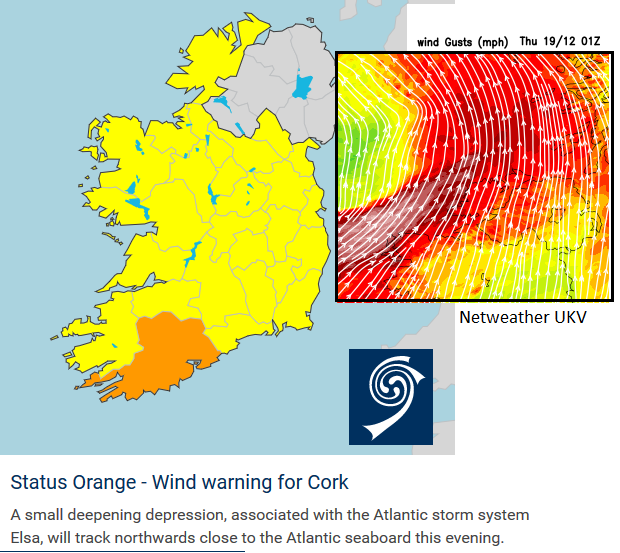 Storm Elsa Orange warning wind Ireland Cork