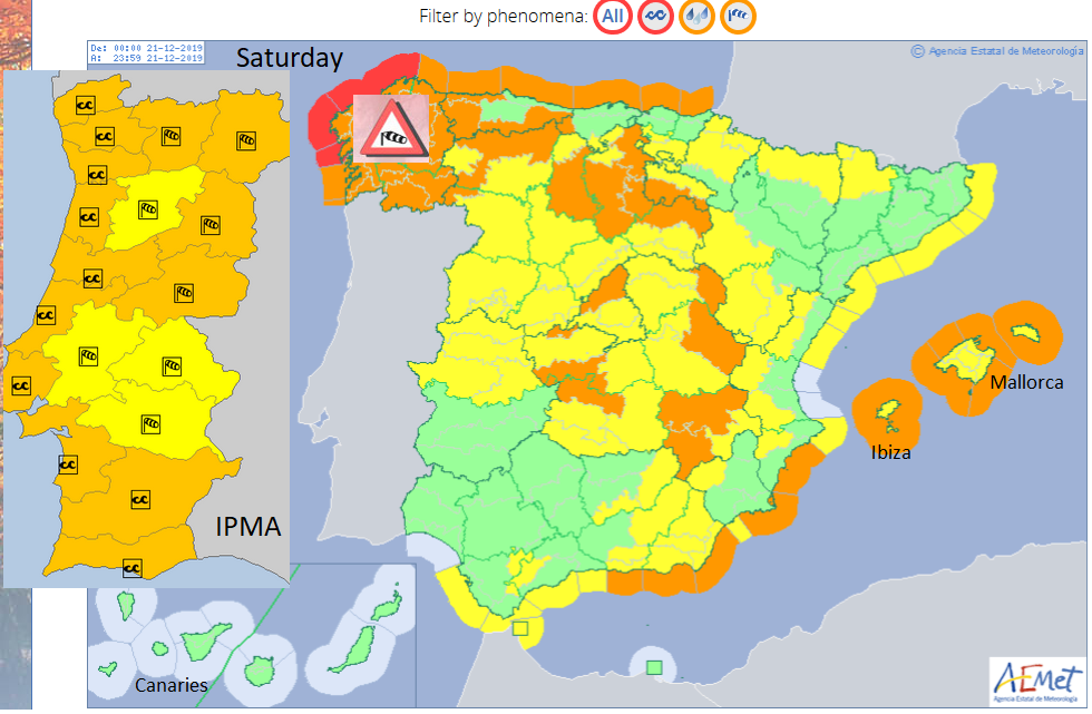 Spain Portugal Canary Islands Azores warnings Wind rain