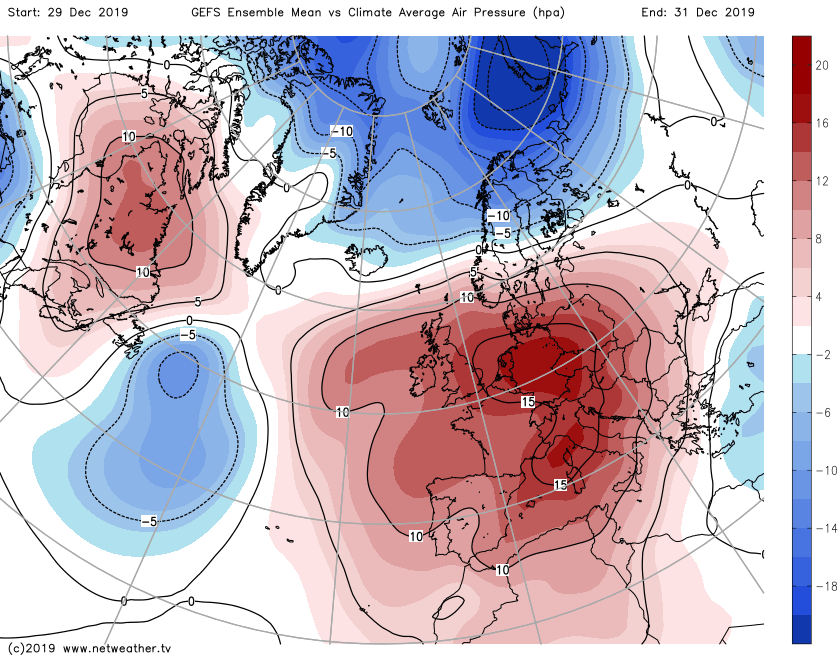 High pressure bringing settled weather for most of the UK at the end of 2019