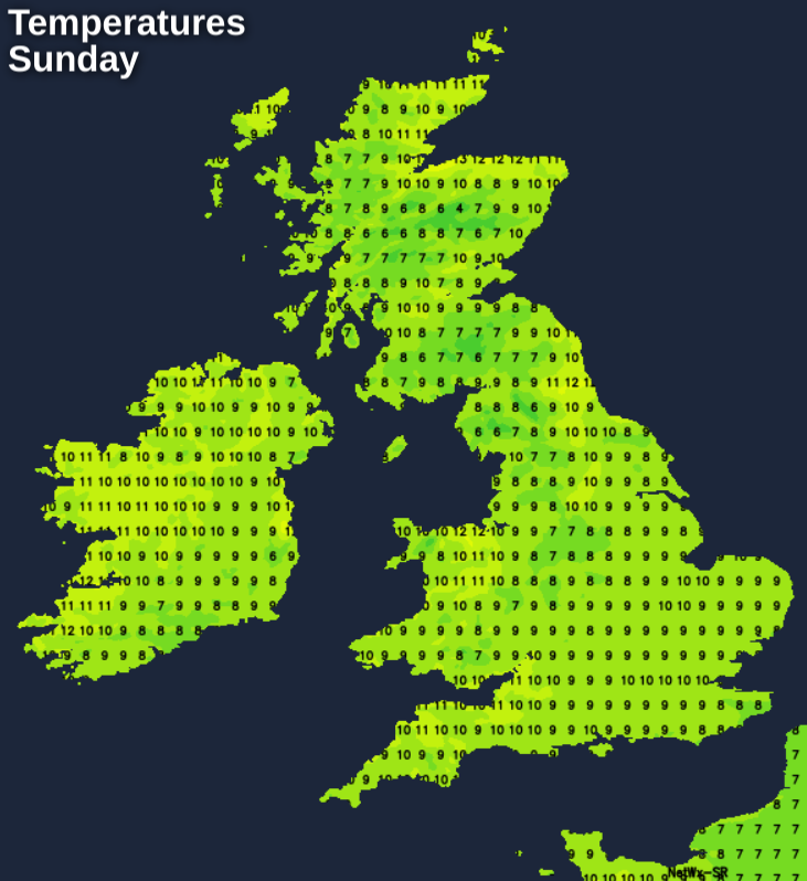 Temperatures on Sunday - very mild in places