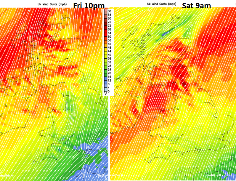 Friday Saturday wind gusts Scotland Northern Ireland Pennines