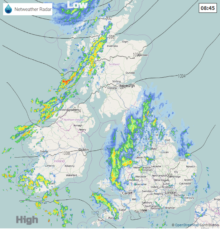 Rain radar over UK low pressure to north