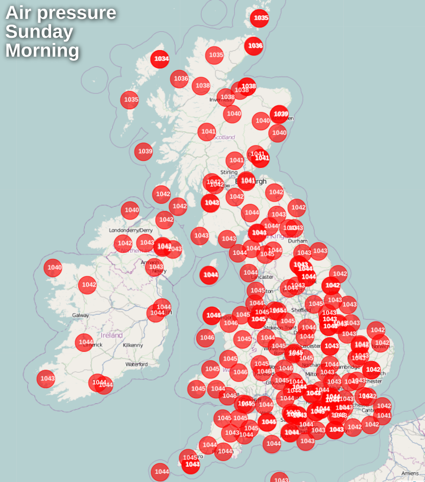 Air pressure across the UK and Ireland on Sunday morning