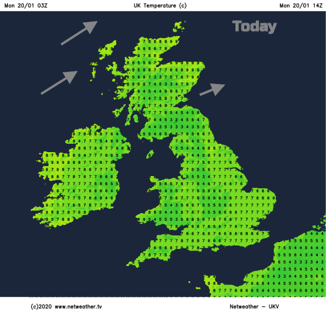 UK temperatrues Monday 20th