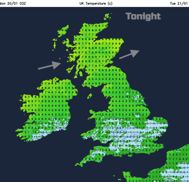 UK temperatures tonight Monday 20th January