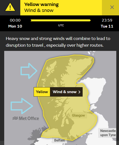 Snow and wind warning Monday