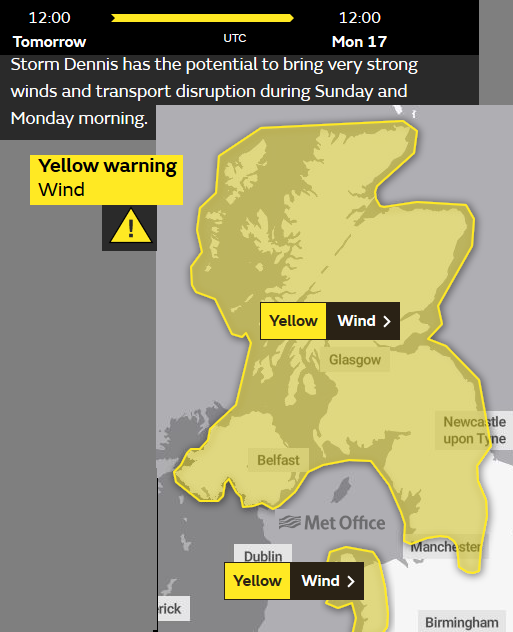 Wind warning storm Dennis