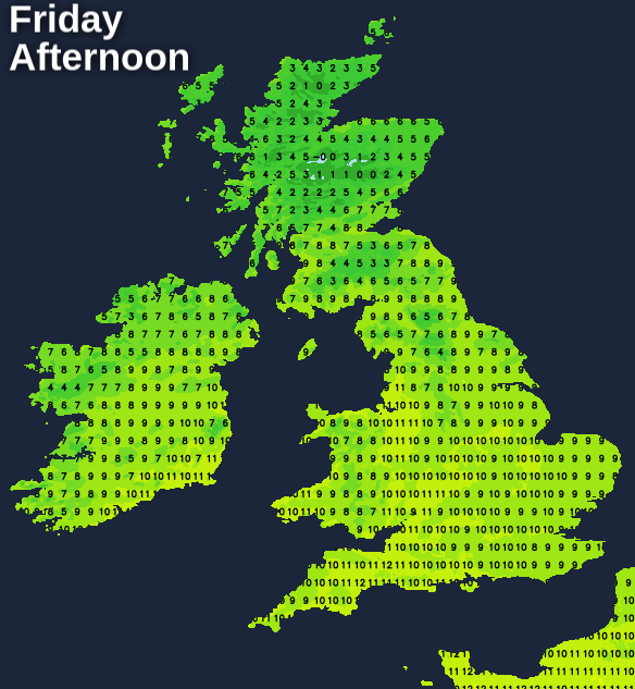 Temperatures on Friday afternoon - very mild in the south