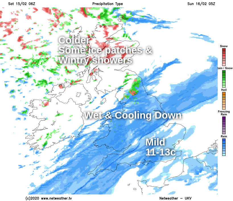 Very mild in the southeast overnight, colder with ice patches and wintry showers in Scotland, wet in between