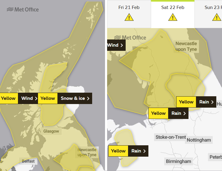 Met Office warnings for Snow and Rain wind Saturday