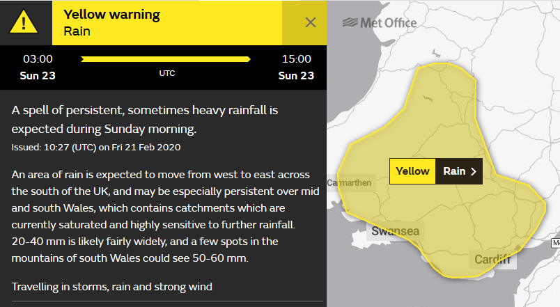 Met Office warning for rain on Sunday south Wales