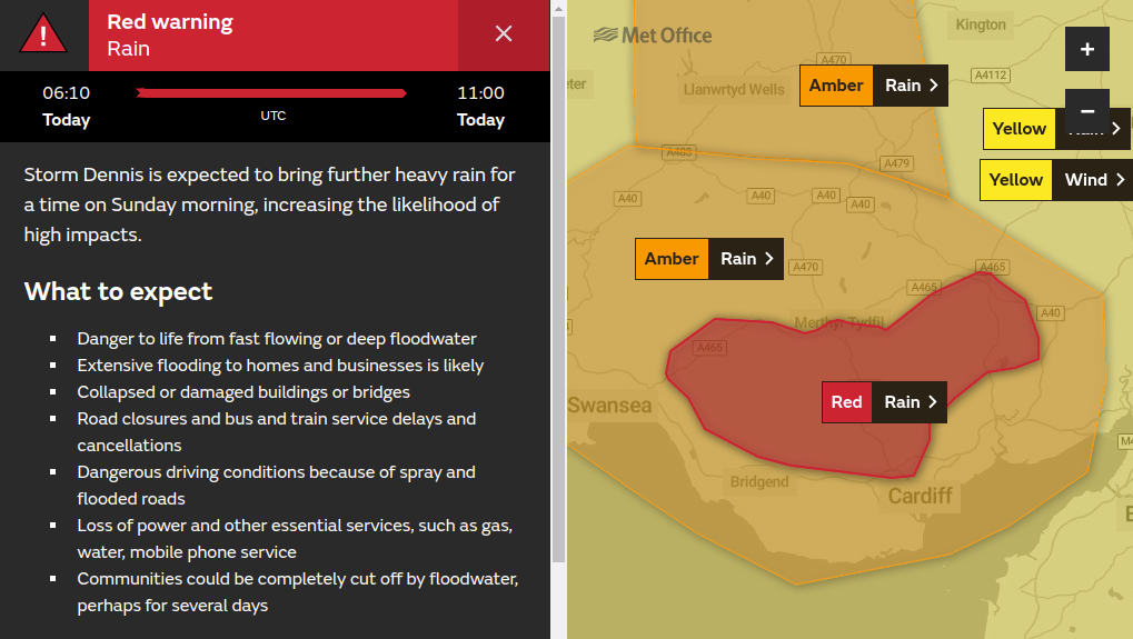 Red warning issued for rain until 1100 this morning in south Wales