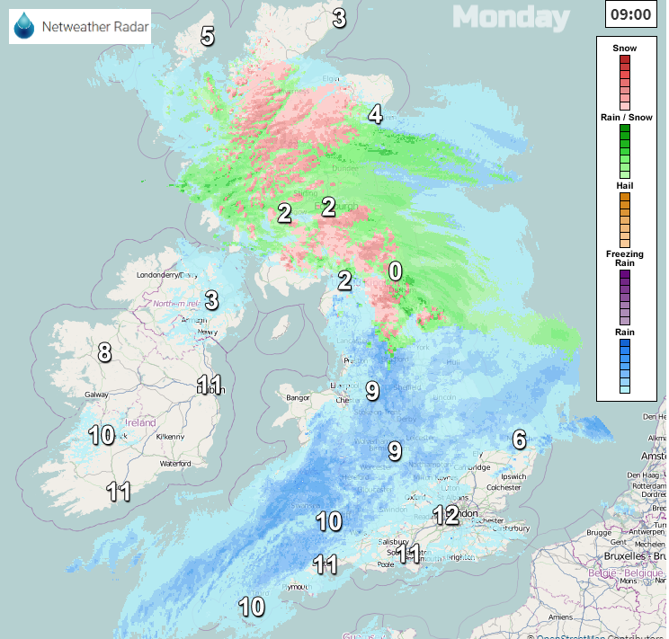 UK snow and rain on radar Temps cold in north , mild south