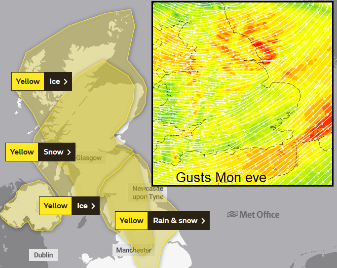 Snow and Ice warnings, gusty winds and flood risk