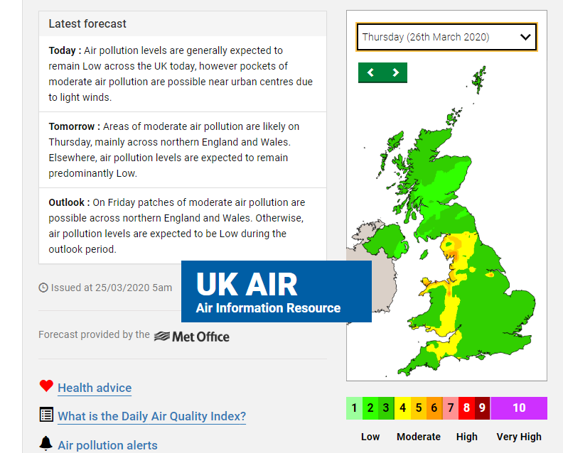 air pollution DEFRA air quality forecast UK 