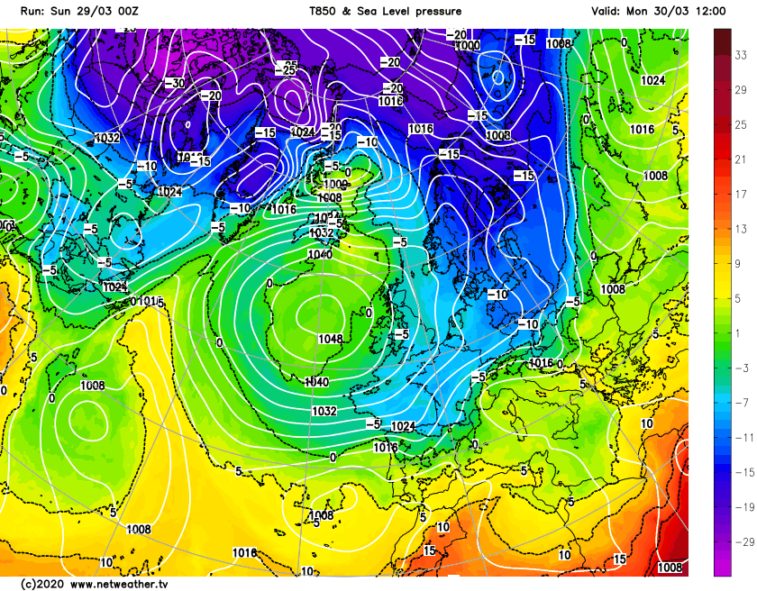 High pressure slightly further south and west on Monday