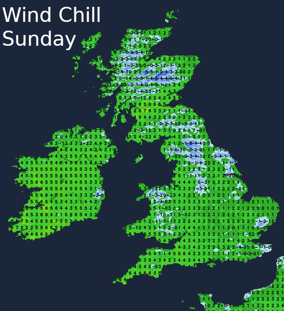 Wind chill on Sunday making it feel close to freezing in many parts of the UK