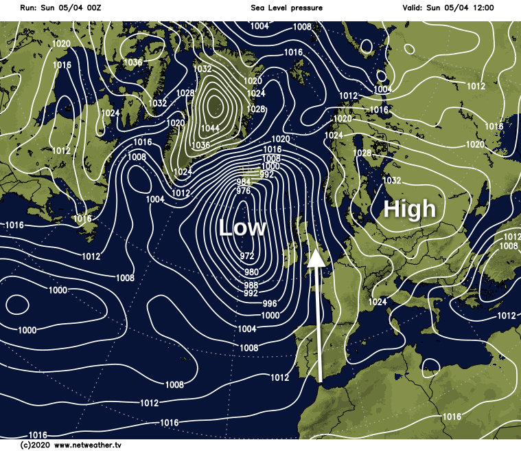 High pressure to our east and low pressure to the west bringing warm southerly winds across the UK