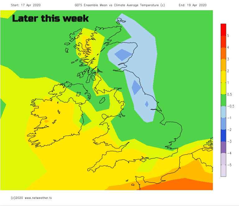 UK temperatures later this week, cool NE and warm SW
