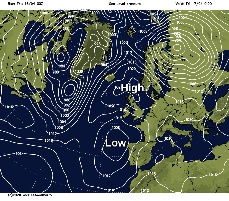 High pressure to the north of the UK, low pressure to the south
