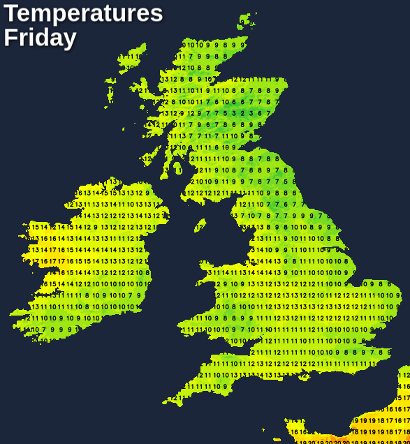 Temperatures on Friday afternoon - cold near to the east coast
