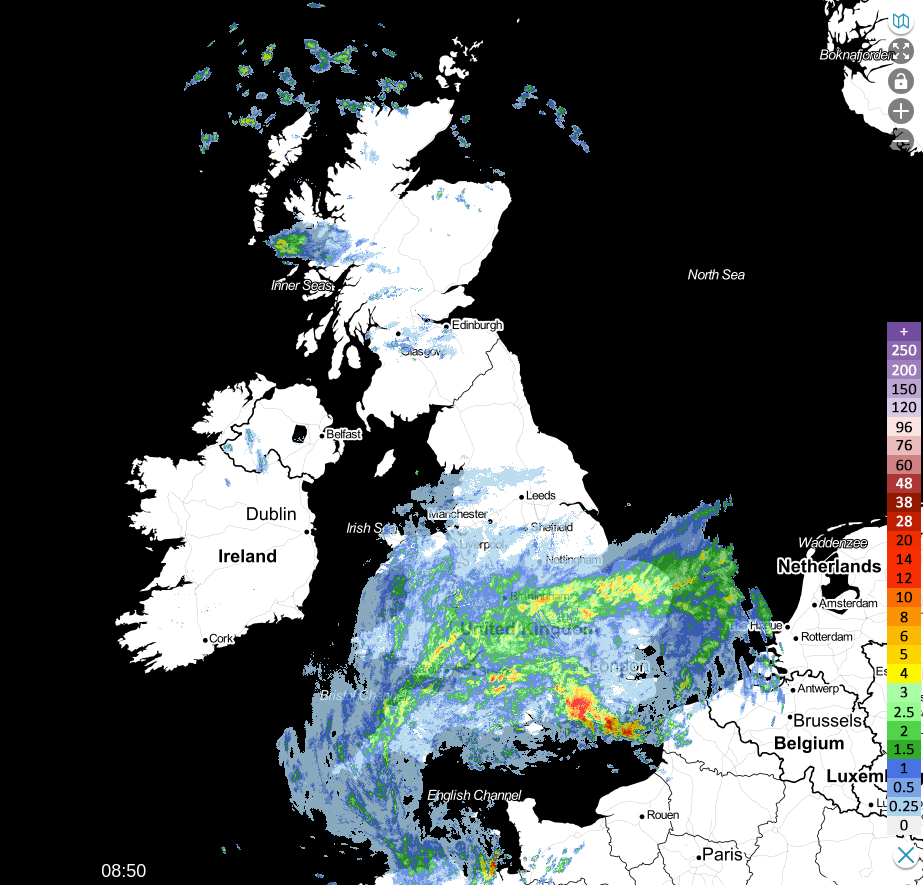 Radar from earlier this morning - raining in southern Britain