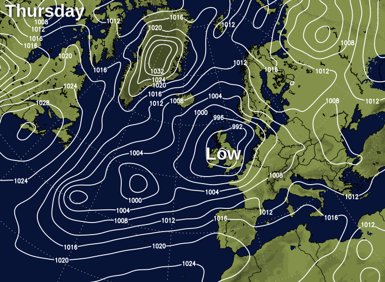 Low pressure over the UK on Thursday