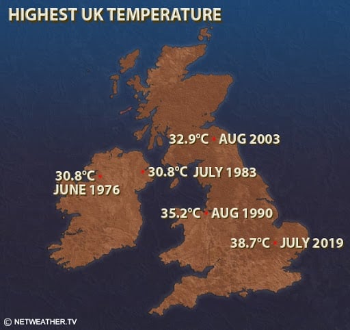 Highest UK temperature 38.7C Cambridge
