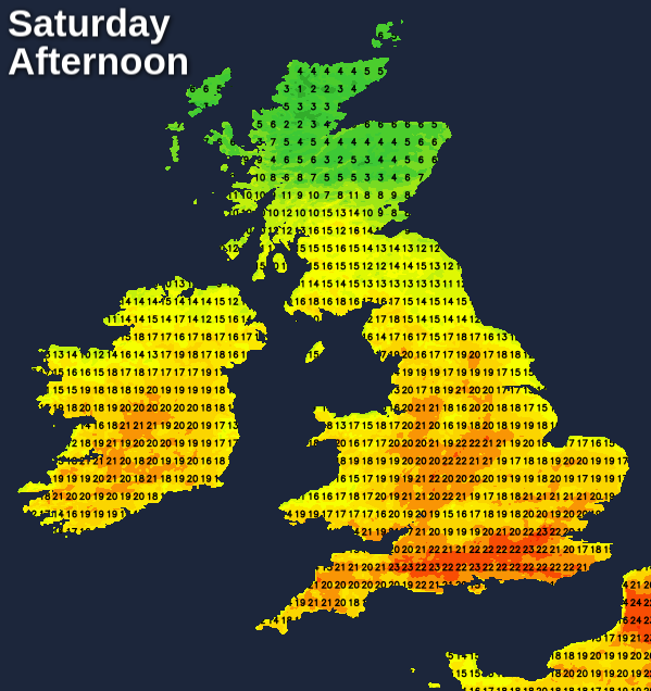 Temperature contrast on Saturday afternoon - cold in the north, still very warm further south