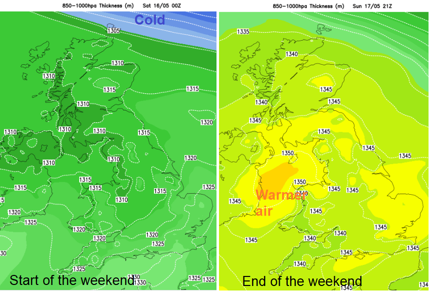 Change in air mass this weekend. Thickness chart for UK