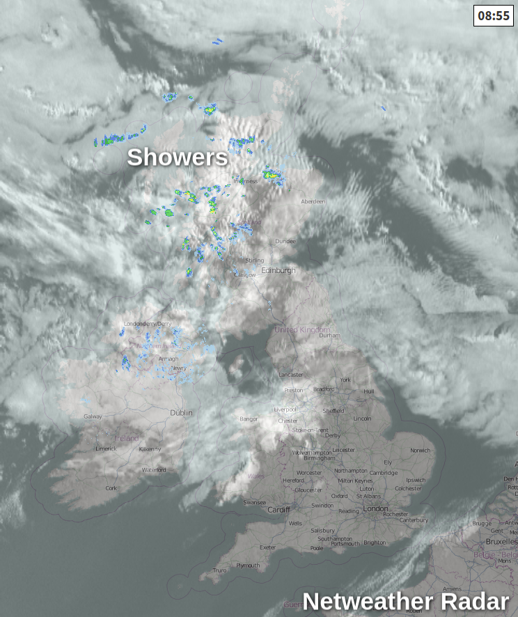UK rain radar and visible satellite image