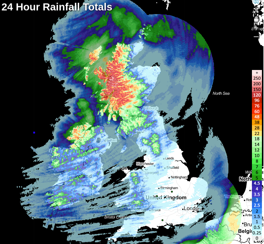24 hour rainfall totals - 100mm plus of rain has fallen in Western Scotland