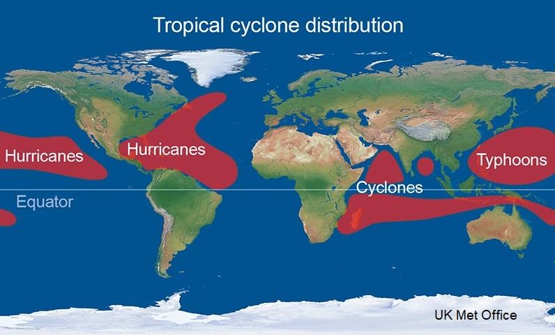 Hurricane basin distribution world wide